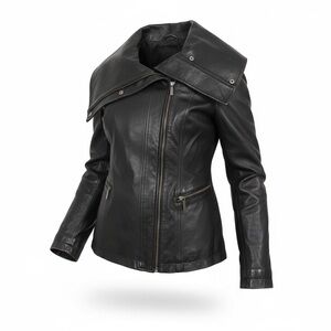 Black Leather Moto Jacket Funnel Neck Asymmetrical Zip Women’s Small